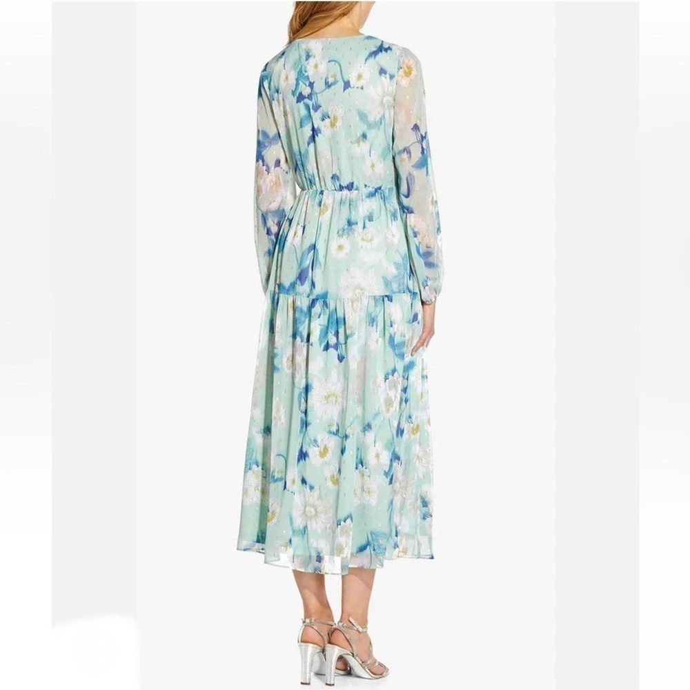 Adrianna Papell Mint Floral V-Neck Long Sleeve Midi Dress - Picture 2 of 10